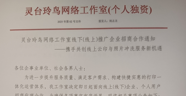 【权威发布】灵台玲鸟网络工作室线上(线下)推广企业招商合作通知